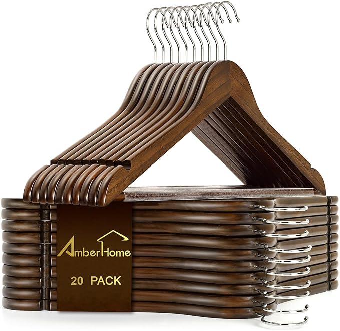 Amber Home 20 Pack Walnut Wooden Coat Hangers, Vintage Wood Suit Hangers with Non-Slip Pant Bar, Clothes Hangers for Closet Organization, Shirts, Jackets, Dresses, and Pants (Retro, 20)