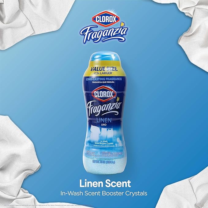 Clorox Fraganzia Laundry Scent Booster Crystals, In-Wash Fragrance Beads for Fresh-Smelling Clothes & Linens, Safe for All Fabrics & Colors, Easy-Pour Bottle, Linen Scent, 70 Oz - 6 Pack