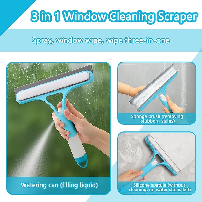 XANGNIER Window Cleaner Tool Kit,2026 3 in 1 Window Cleaning Scraper with Spray,Thickened Magic Cleaning Cloth,Window Scrubber Cleaning Squeegee for Glass,Mirror,Shower Doors,Car Windshields(Blue)