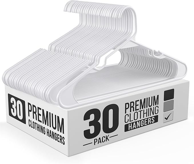 Our Modern Space 30 Pack Adult Plastic Hanger for Shirt Pants Coats Dresses Skirts Suits Jackets - Standard Thick Coat Hanger - Sturdy & Durable Design with Shoulder Grooves Hook - White