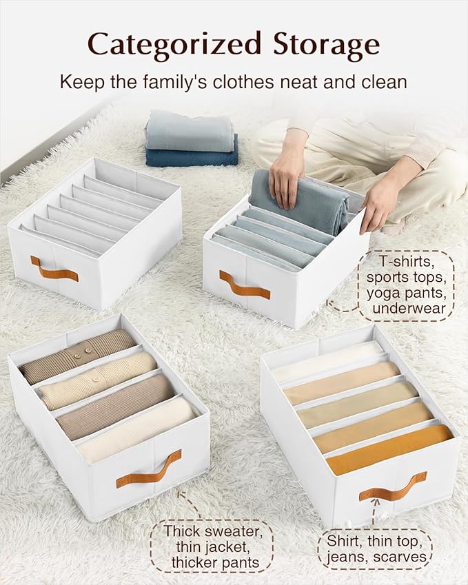 Homsorout Clothes Organizers and Storage - 4/5/7 Grids Fabric Jeans Organizer with Handles, Foldable Closet Organizers Dividers, Wardrobe organizer for Pant, Sweater, T-shirt, Scarf, 3 Pack, White
