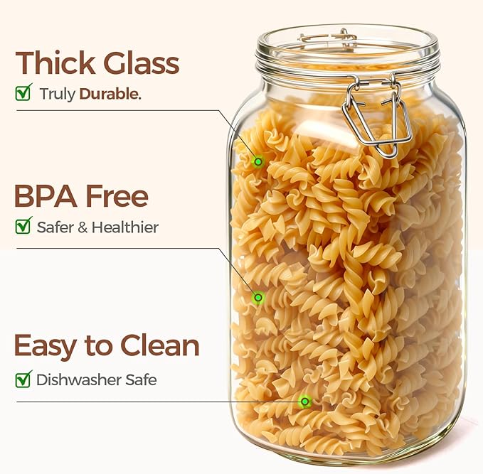 ComSaf 3-Pack 78oz Large Square Airtight Glass Jars for Bulk Food, Holds a 4lb Bag of Sugar or 5lb of Rice, Wide Mouth Canister for Flour, Coffee & Pantry Organization