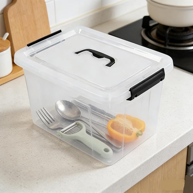 Plastic Storage Bins with Lids, 6 Pack Storage Organizer, 10 L Stackable Storage Bins with Buckle-Up Latches and Handle, Storage Totes for Home Office Pantry Organization, Clear