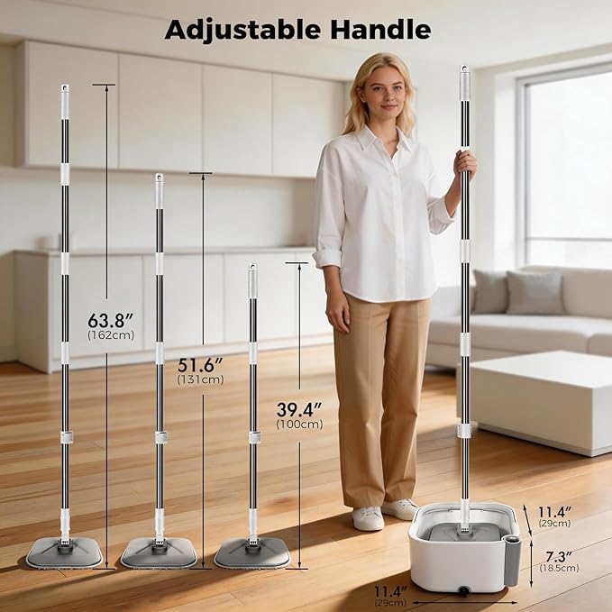 Masthome Mop and Bucket Set,360° Square Spin Mop with Separate Dirty Water System,Versatile Mops for Walls with 64" Extra Long Handle Telescopic,2 Microfiber Pads,Mops for Home Floors Cleaning