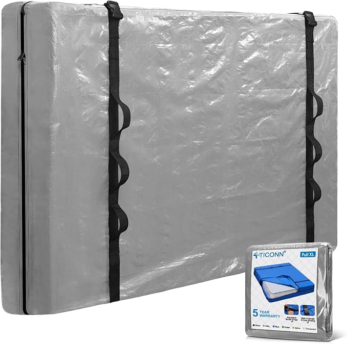 TICONN Mattress Bags for Moving, Heavy Duty Full XL Mattress Cover Storage Bag with Full-Around Handle and Adjustable Buckles (Gray, Full XL)
