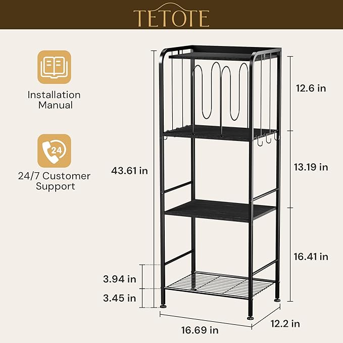 TETOTE 4-Tier Towel Rack for Bathroom M-Shaped Detachable Dividers & Hooks, Free Standing Towel Holder Bathroom Towel Storage Organizer for Pool, Kitchen, Laundry, Black