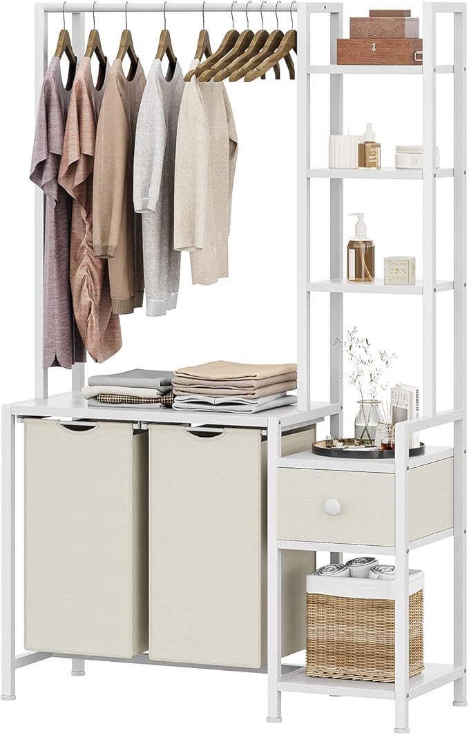 Creso hom Laundry Hamper with Shelf, 5 Tiers Tall Laundry Basket Sorter with 2 Pull-Out and Removable Bags, Clothes Rack with Laundry Sorter for Laundry Room Bathroom Bedroom, White