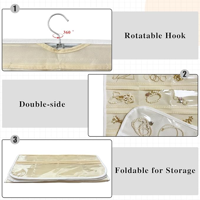 1 Pack Hanging Jewelry Organizer 80-Pocket Dual-sided Jewelry Storage for Earring Necklace Bracelet Ring Travel Holder, White and Beige