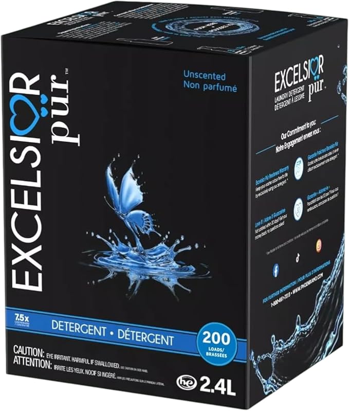 Excelsior Pür 7.5x Concentrated Laundry Detergent, 2.4 L (200 Loads), Fragrance Free/Unscented, Odor Control, Eco-Dispenser + Stain Remover, HE Compatible