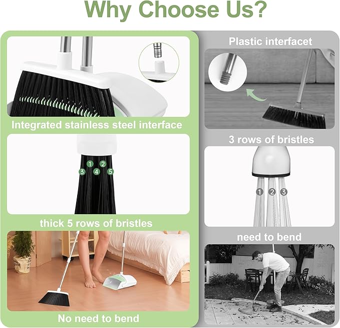 Broom with Dustpan Combo Set for Home 54-in Long Adjustable Handle Angle Broom and Dustpan Set with Dustpan Comb Teeth for Sweeping Pet Hair Food Dirt Kitchen
