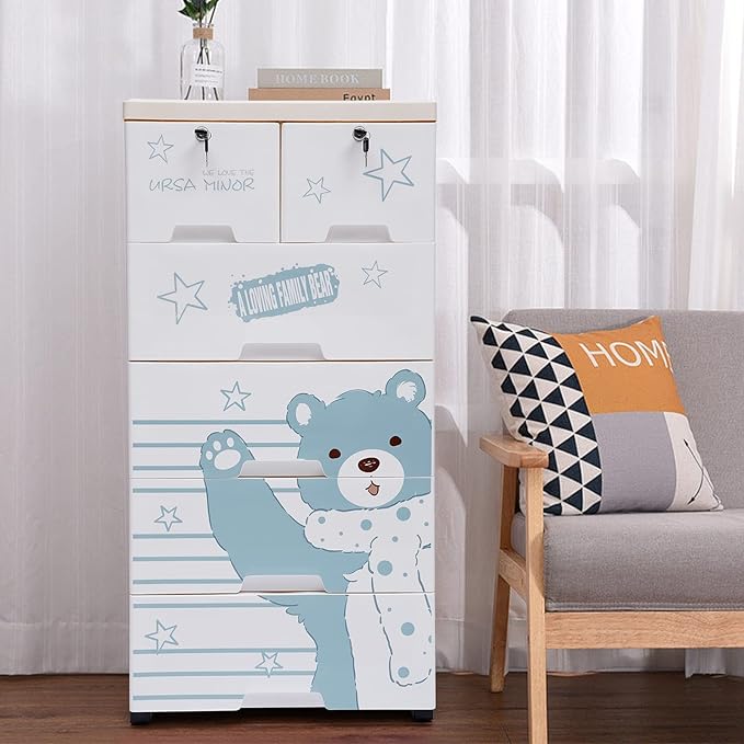 6 Drawer Plastic Storage Tower Cabinet, 5 Layers Polar Bear Closet with 5 Wheels, Closet Drawers Tall Dresser Organizer for Clothes Playroom Bedroom Furniture, Multi-Color