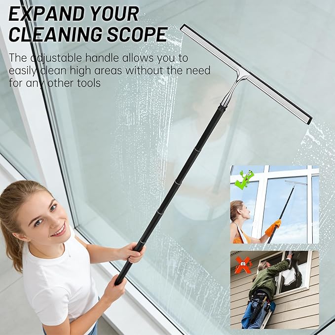 Squeegee for Shower Glass,Shower Squeegee for Glass Doors,Telescopic Window Squeegee for High Windows,Includes Towel Sleeves,Replacement Silicone Blade&Hooks,2 in 1 Queegee for Window Cleaning Kit