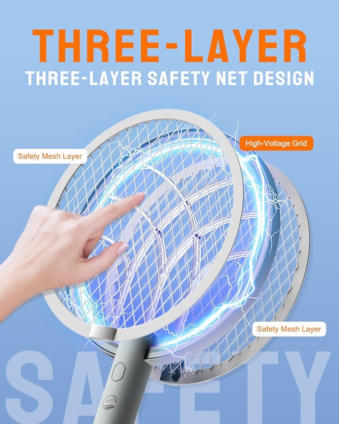 Electric Fly Swatter Racket, Mosiller 2 in 1 Bug Zapper with Type-C Rechargeable Base, 4000V Mosquito Killer with 3-Layer Safety Mesh for Pest Insect Control for Indoor、Office、Camping(Grey-1 Pack)