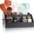Innovation Kitchen Utensil Holder for Countertop with 4 Compartments, Wood Utensil Organizer for Cooking Tools, Black (Utensil Not Included)