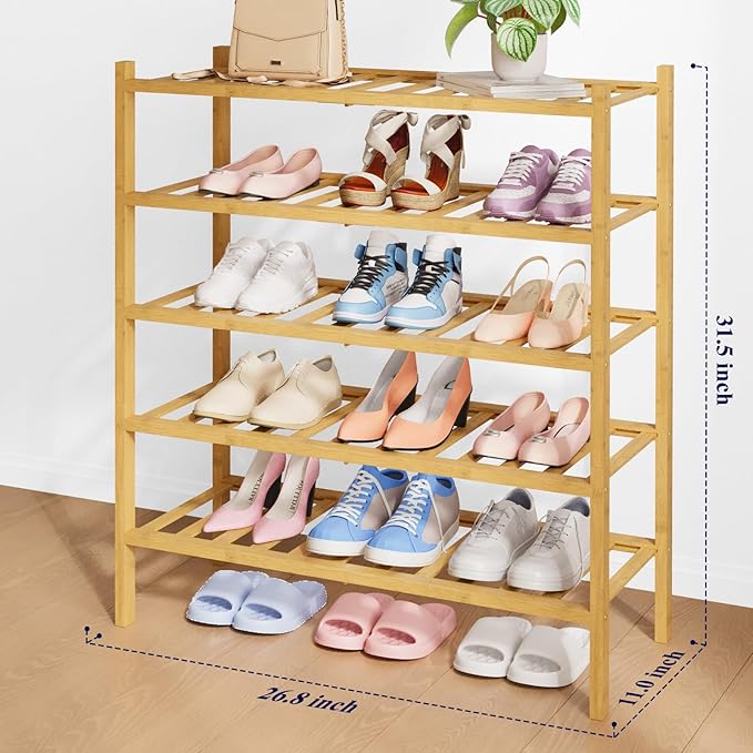 Kitsure Bamboo Wooden Shoe Rack for Closet - Stackable Shoe Organizer with Modular Structure, Space-Saving Shoe Shelf for Entryway, Living Room, Bedroom, 26.8" Wide - 5 Tiers, Natural