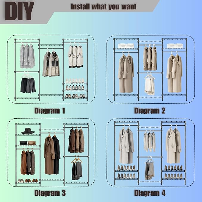 KAXIWEI Portable Closet Wardrobe – Heavy-Duty Freestanding Clothes Rack with 4 Hanging Rods & 8 Shelves, Adjustable Clothing Organizer, 67.3" L x 14.6" W x 76.8" H, Max Load 850 lbs