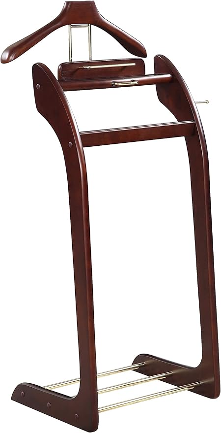 Proman Products Windsor Suit Valet Stand VL16001 with Top Tray, Contour Hanger, Trouser Bar, Tie & Belt Hooks and Shoe Rack, 17"W x 14"D x 40"H, Dark Walnut