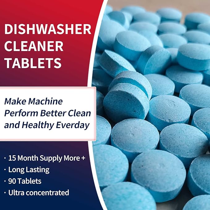 Dishwasher Cleaner Tablets 90 Counts Mint Fresh Tabs Deep Cleans inside 360° Grease Limescale Cleaning More Active Eco Friendly Plastic Free Long Lasting,Cleans The Machine Not The Dishes