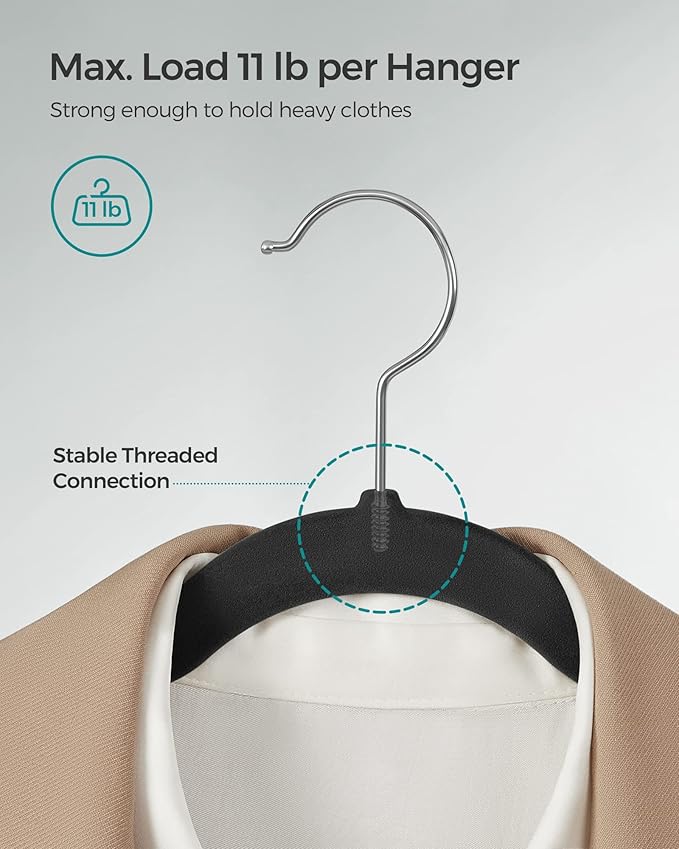 SONGMICS Velvet Hangers 50 Pack, Non-Slip Clothes Hangers, with Shoulder Notches, Pants Bar, 360° Swivel Hook, Space-Saving, for Closet, Ink Black UCRF029B05