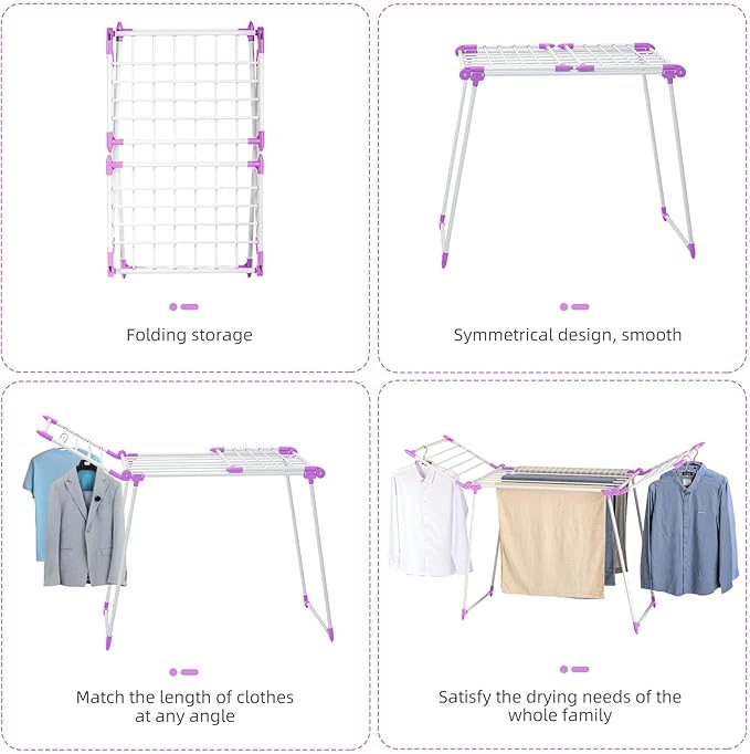 Clothes Drying Rack, Gullwing Laundry Rack, Collapsible, Space-Saving Laundry Rack, with Bonus Sock Clips, for Clothes, Towels, Linens, Indoor/Outdoor, Purple