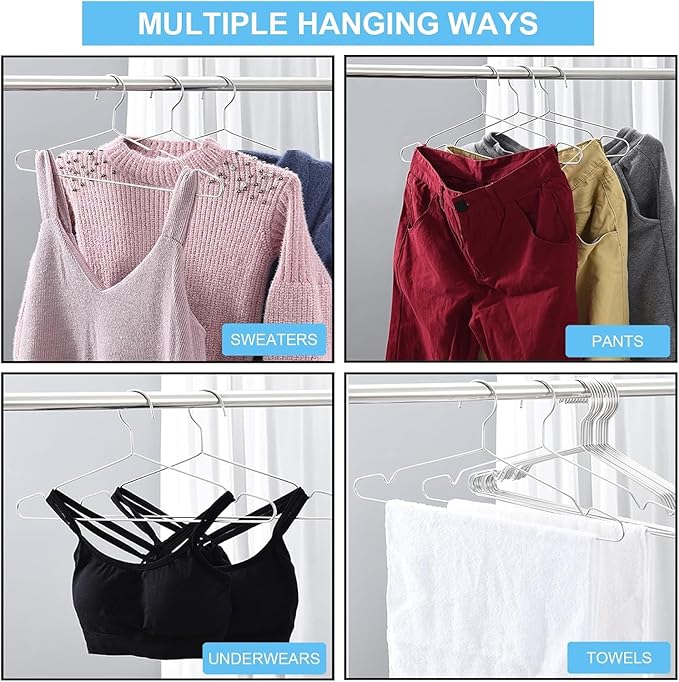 Hangers 20 Pack Coat Wire Hangers Heavy Duty Stainless Steel Clothes Hanger with Non Slip Grooves, 16.5 Inch Ultra Thin Metal Hangers Space Saving Clothing Hanger Silver