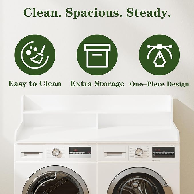 2-Tier Washer Dryer Countertop, Laundry Room Organization and Storage, 27.6" x 54" Wood Laundry Countertop for Washer and Dryer, White