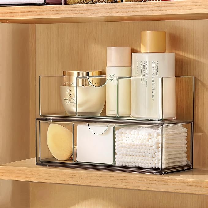 PAVSTINE Medicine Cabinet Organizer 2 Pack, Stackable Storage Drawers with Removable Divider, Make Up Organizer for Bathroom Mirror Cabinets, Vanity, Closet, Countertop - Clear