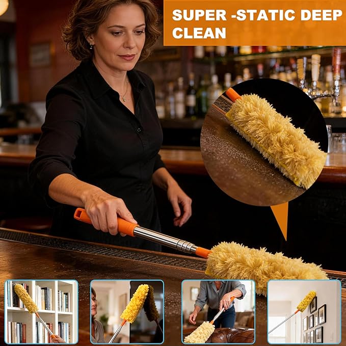 100 Inch Extended Handle Duster Heavy Duty Dusting 360° Duster Refills Kit, Microfibers Multi-Surface Dusters. Efficient Duster Kit for Cleaning Pet Hair, Home, Office, Blinds, Furniture (Orange)