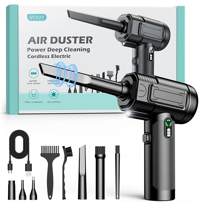 Compressed Air Duster: 130000RPM Electric Air Duster with LED Light Mini Air Blower Rechargeable Cordless Keyboard Cleaning Jet Dry Blower - Car, PC and Home Cleaning Kit Replaces Compressed Air Can