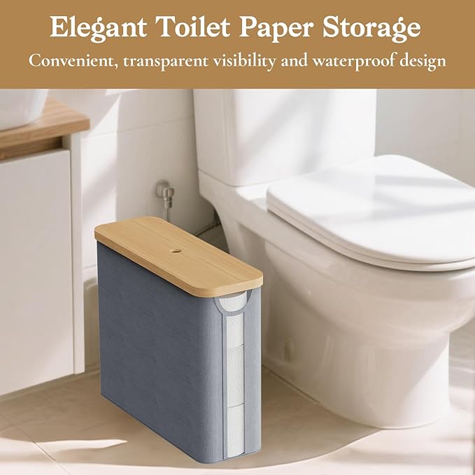 Toilet Paper Storage Basket with Bamboo Lid, Toilet Paper Holder with Storage, Free Standing Bathroom Storage Organizers with Non-Slip Bottom, Grey 2 Pack