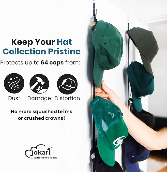 Jokari Over-the-Door Hat Rack Organizer 4 Pack – Holds Up to 32 Baseball Caps, Snapbacks, or Fitted Hats – Adjustable Closet Door Hat Storage with Hooks – No-Tool Installation for Men, Women, and Kids