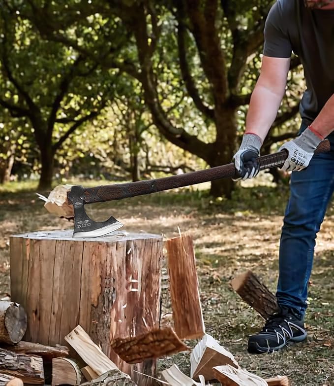 JXE JXO 31.5 Inch Axe, Splitting Axe 1065 High Manganese Steel, Hickory Handle with Leather Sheath