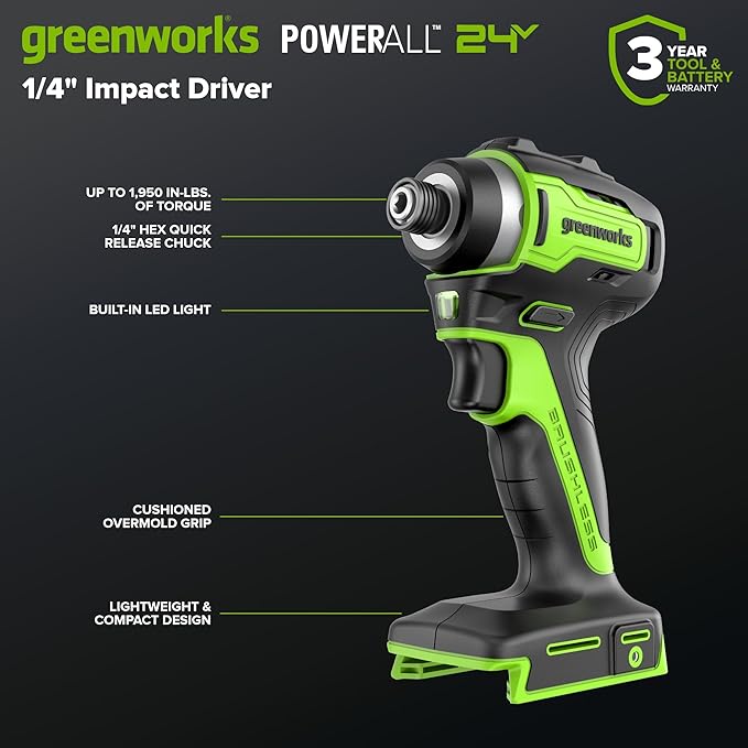 Greenworks 24V Brushless Cordless Impact Driver (1950 in-lbs.), 1/4" Hex Collet, 2.0Ah USB-C Battery, 30W USB-C Charger & 3.3FT Braided Cable, Compatible with iPhone/iPad/Samsung & More