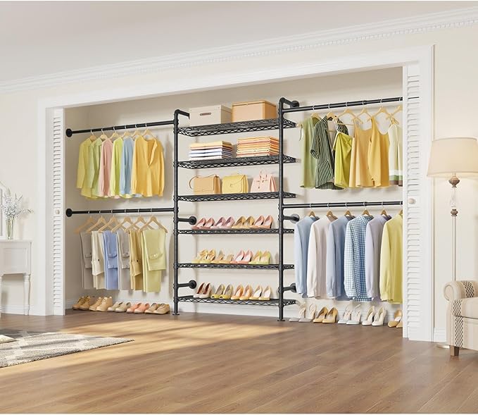Timate S3X PLUS Closet System, Expandable Wall Mounted Closet with 6 Adjustable Shelves & 4 Expandable Hanger Rods, Industrial Pipe Clothing Rack for Hanging Clothes, Fits Spaces 6'11"- 9'10", Black