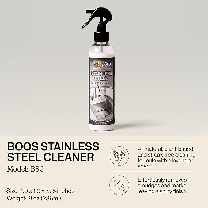 John Boos Stainless Steel Cleaner with Fine Mist Spray, Lavender Scent, 8 oz - Streak-Free Cleaning Polish & Stain Remover for Stoves, Ovens, Sinks, & Kitchen Surfaces
