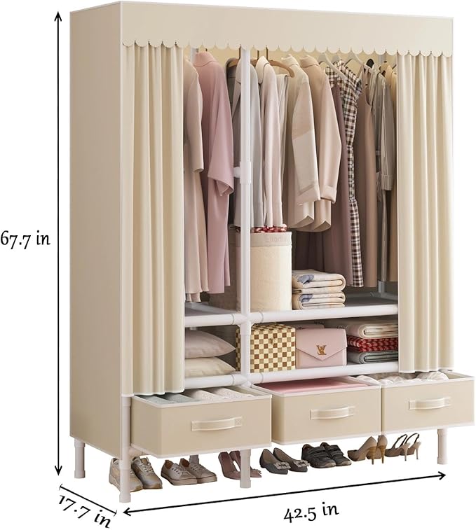 Portable Closet,Garment Rack,Heavy Duty Clothes Rack with Cover,Wardrobe Closet with 1 Hanging Rods, 2 Storage Shelves and 3 Drawers,43.3" L x 17.7" W x 67.7" H,Pale Yellow