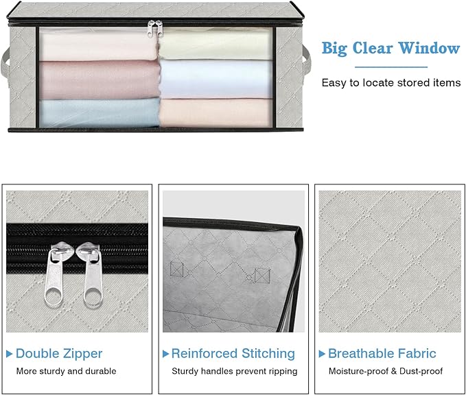 HomeHacks Storage 6-Pack Clothes Organizer Storage Bags Foldable Storage Box with Large Clear Window Sturdy Handles for Closet, Dorm, Pillows, Bedding, Clothes, Blankets, 35L, Ivory