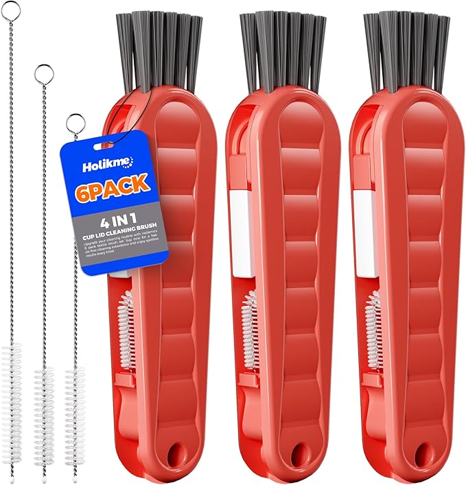 6 Pack Holikme 4 in 1 Cup Lid Cleaning Brush Set with 3 Straws, Multifunctional Bottle Brush, Silicone Cup Lid Gap Cleaner, Durable Bristle Crevice Cleaning Brush, Red
