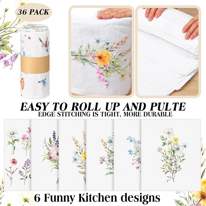 36 Pack Wildflower Reusable Cleaning Cloths Washable Cotton Kitchen Towels for Home(Multicolor)