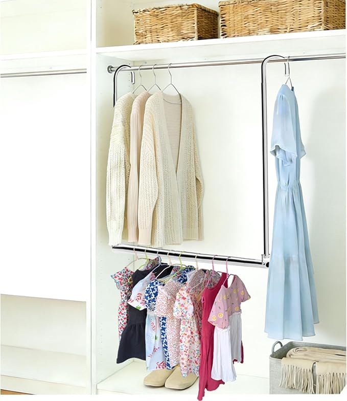 Closet Hanging Rod, Adjustable Width and Height Space-Saving Clothes Hanging Bar, 1 Pack Chrome