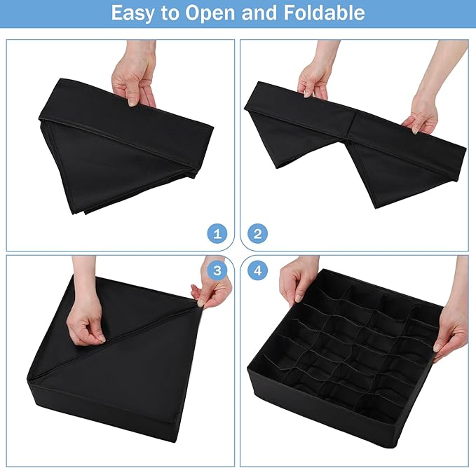 Foldable Storage Cubes Drawer Underwear Organizer Dividers， under Cabinet Organizer 24-Cell Fabric Storage Boxes for Lingerie,Socks,Ties （Black）