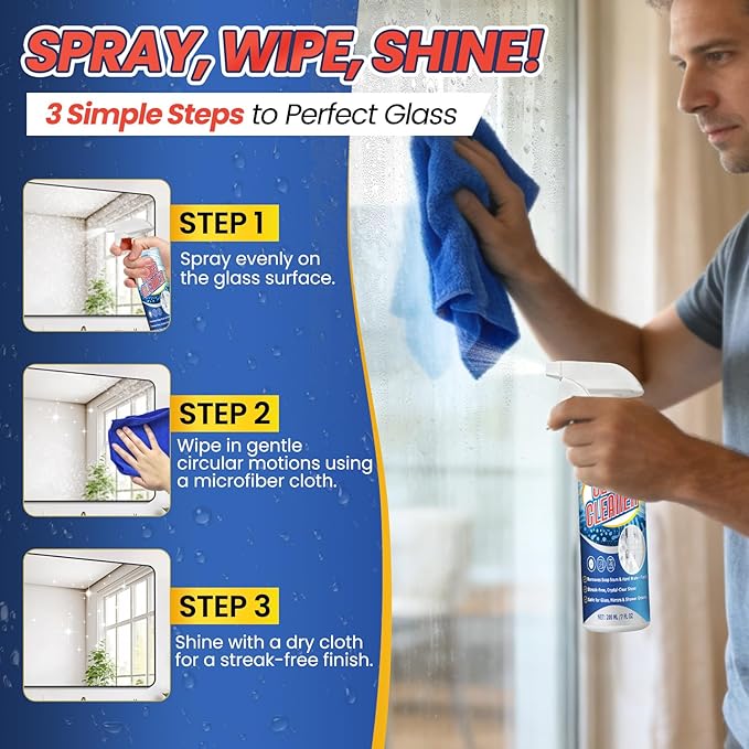 Instant Shine Bathroom Glass Cleaner with Microfiber Towel – Removes Hard Water Limescale, Soap Scum on Shower Doors, Tiles & Mirrors | Streak-Free No Residue Fast Drying Multi-Surface Safe (200ml)
