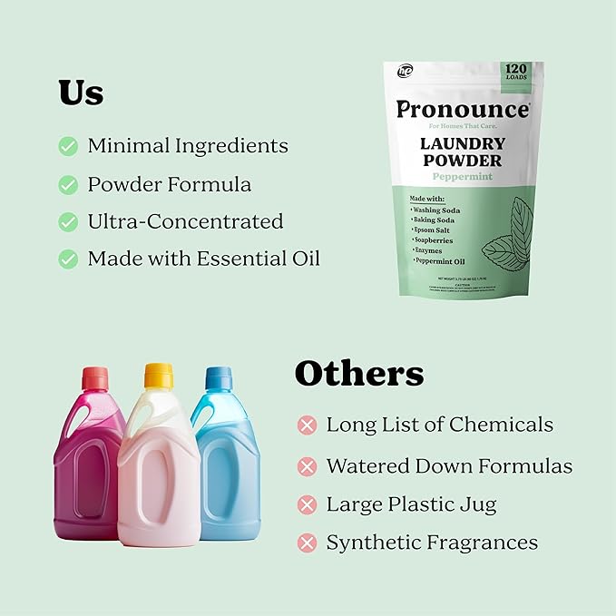 Pronounce Laundry Detergent Powder Alternative | Non-Toxic, Eco-Friendly, Natural for Sensitive Skin, Eczema, and Babies. Stain + Smell Fighting. HE Safe (Peppermint, 120 Loads)