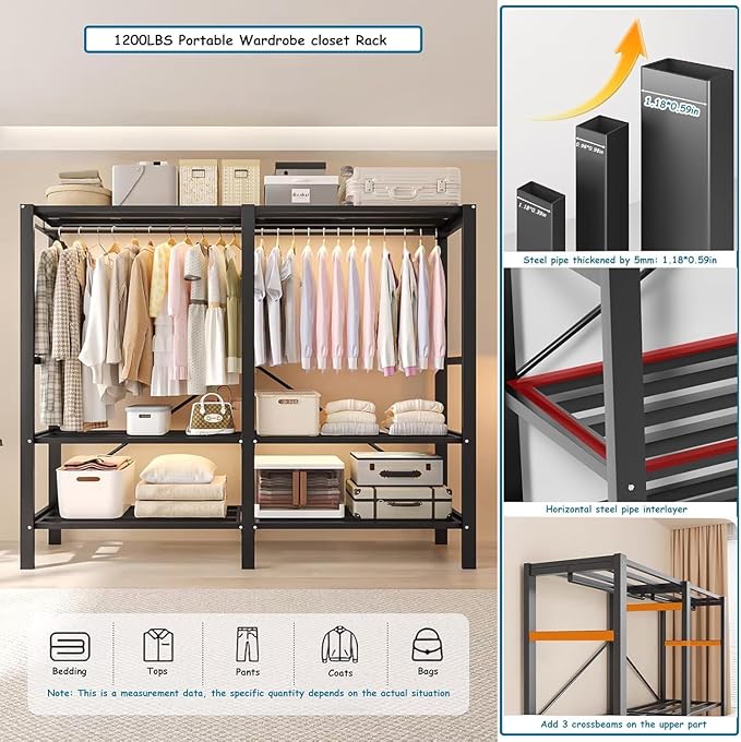 Heavy Duty Portable Closet with Cover Foldable Covered Clothes Rack for Hanging Clothes Armoire Wardrobe Closet System Freestanding Coat Storage Garment Racks (125cm/49.2in(Coffee))