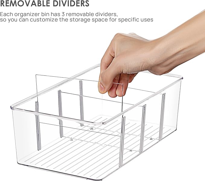 Vtopmart 6 Pack Food Storage Organizer Bins, Clear Plastic Bins for Pantry, Kitchen, Fridge, Cabinet Organization and Storage, 4 Compartment Holder Packets, Snacks, Pouches, Spice Packets