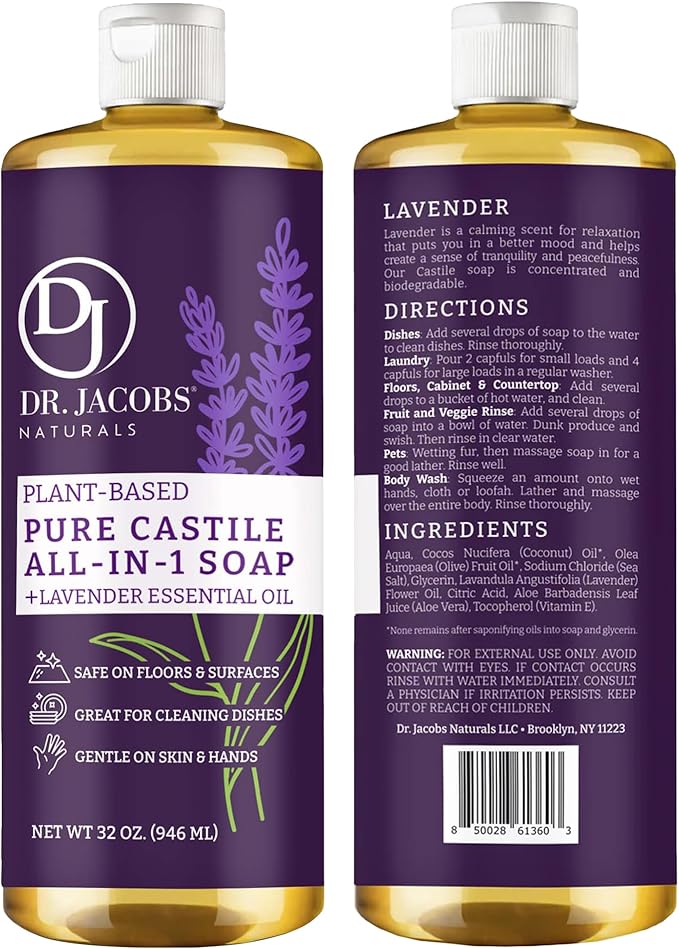 Dr. Jacobs Naturals Lavender Castile All-in-One Cleaner and Soap - Plant-Based Formula for House Cleaning Floors and Appliances - Gentle on Skin and the Planet - 32 oz, 2 Pack