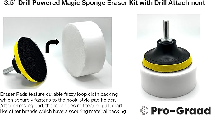 3.5” Drill Powered Magic Sponge Eraser 6 Pieces Kit with Drill Attachment | 25% Thicker Ultra Durable Melamine Cleaning Eraser Pads for Bathroom Kitchen Floors Walls Baseboards Crayon Marker and More