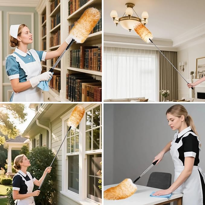 Extendable Cleaning Duster,66.9Inch Telescoping Feather Dusters with Stainless Steel Extension Pole for Cleaning High Ceiling Fan, High Ceilings,Furniture