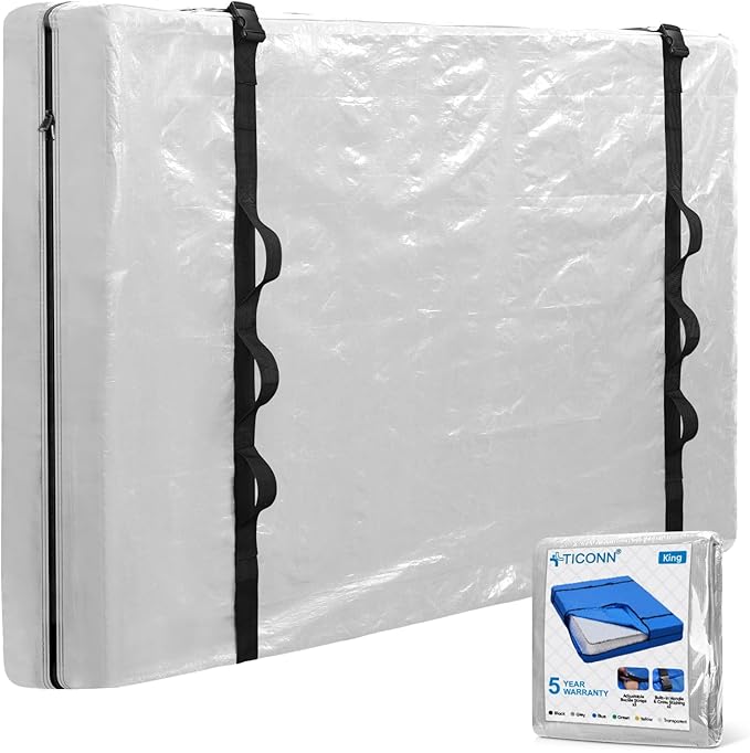 TICONN Mattress Bags for Moving, Heavy Duty King Mattress Cover Storage Bag with Full-Around Handle and Adjustable Buckles (Clear, King)
