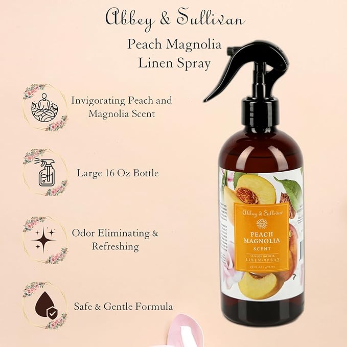 Abbey & Sullivan Linen Spray, Peach Magnolia, Fabric Freshener and Fragrance Room Spray, Pack of 2, 16 oz